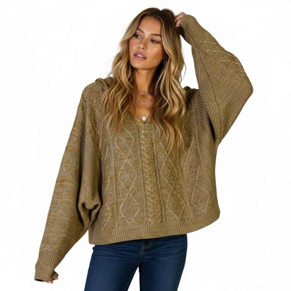NWT Mystree Cable Knit Batwing Sleeve Hoodie Sweater Mustard Boho Slouchy Size L